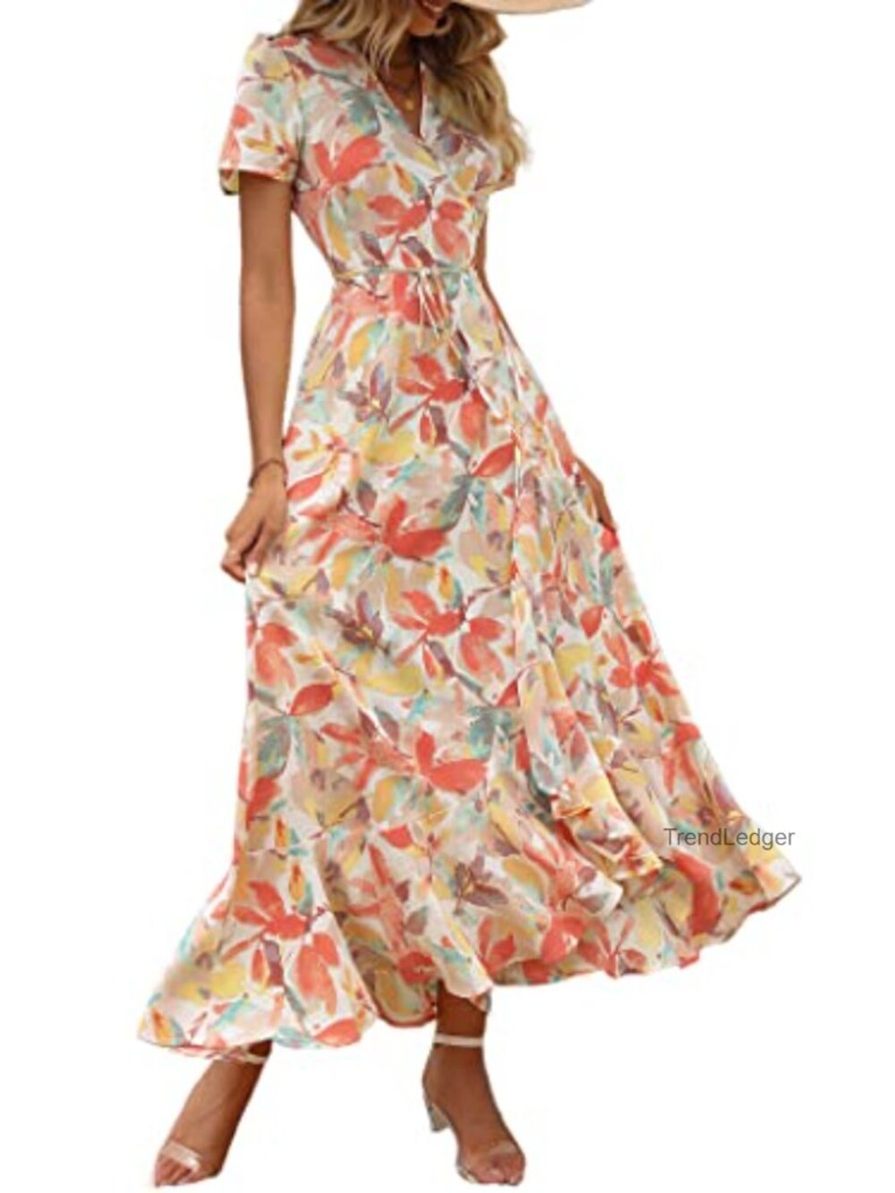Women's Boho Floral Maxi Dress Short Sleeve V-Neck Ruffle Split
